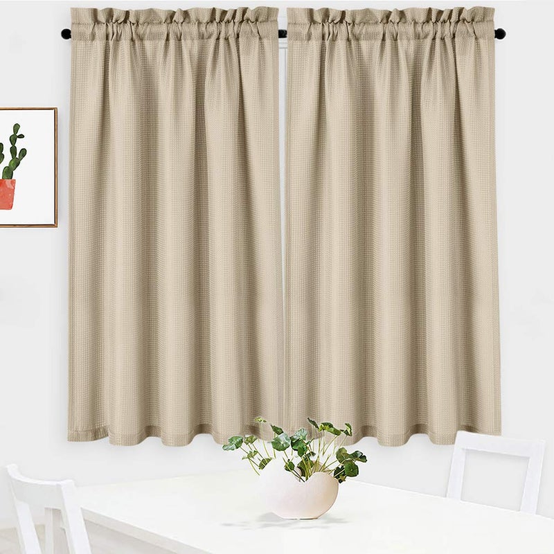 NANAN Waffle Woven Textured Short Curtains for Kitchen Waterproof Window Covering for Bathroom - 30" x 45", Plaza Taupe, Set of 2 - Image 1